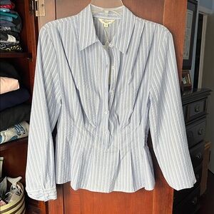 Max Studio seersucker Light Blue and White Striped Button-Front Peplum Shirt M